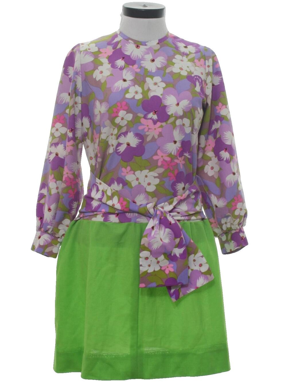 Vintage 70s Purple Floral Drop Waist Mini Dress Home Sewn Knit Small